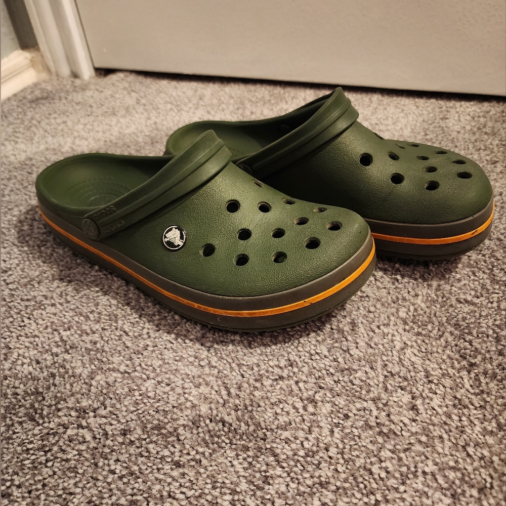 Green Crocs Clogs with Orange Stripe